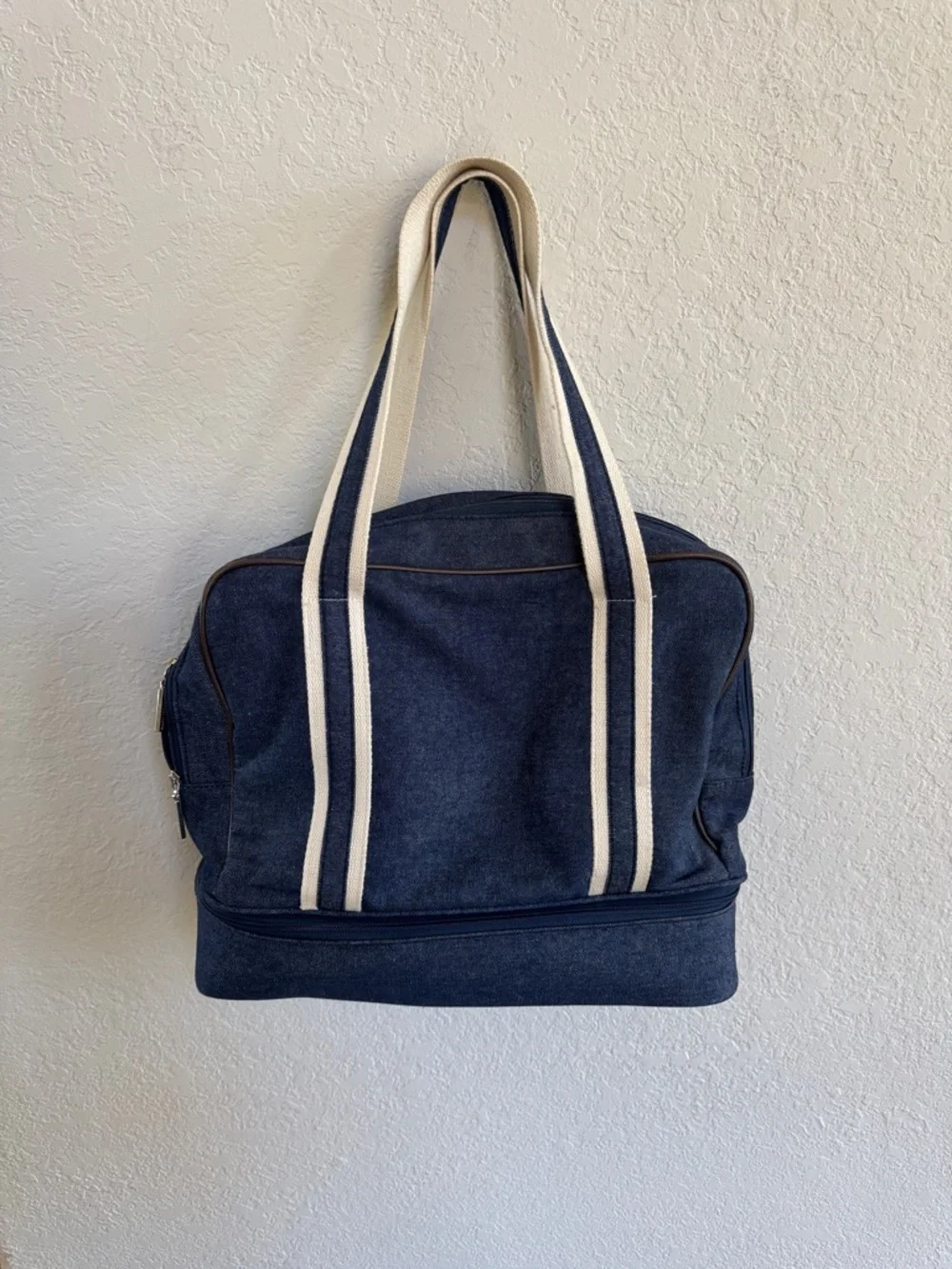 Bath and Body Works Navy Canvas  Tote with Striped Handles